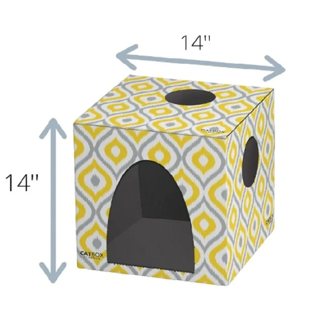 Meow Yellow Cat House with Scratcher, Cat Condo, Cardboard‎ Cat Playhouse